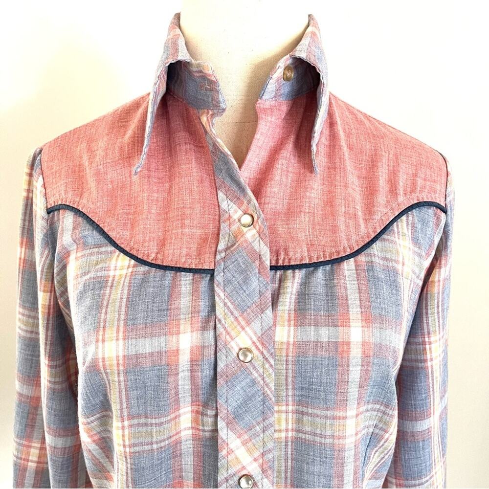 Vintage Pastel Western Pearl Snap Shirt Pink and Blue Plaid Fenton - Picture 4 of 14